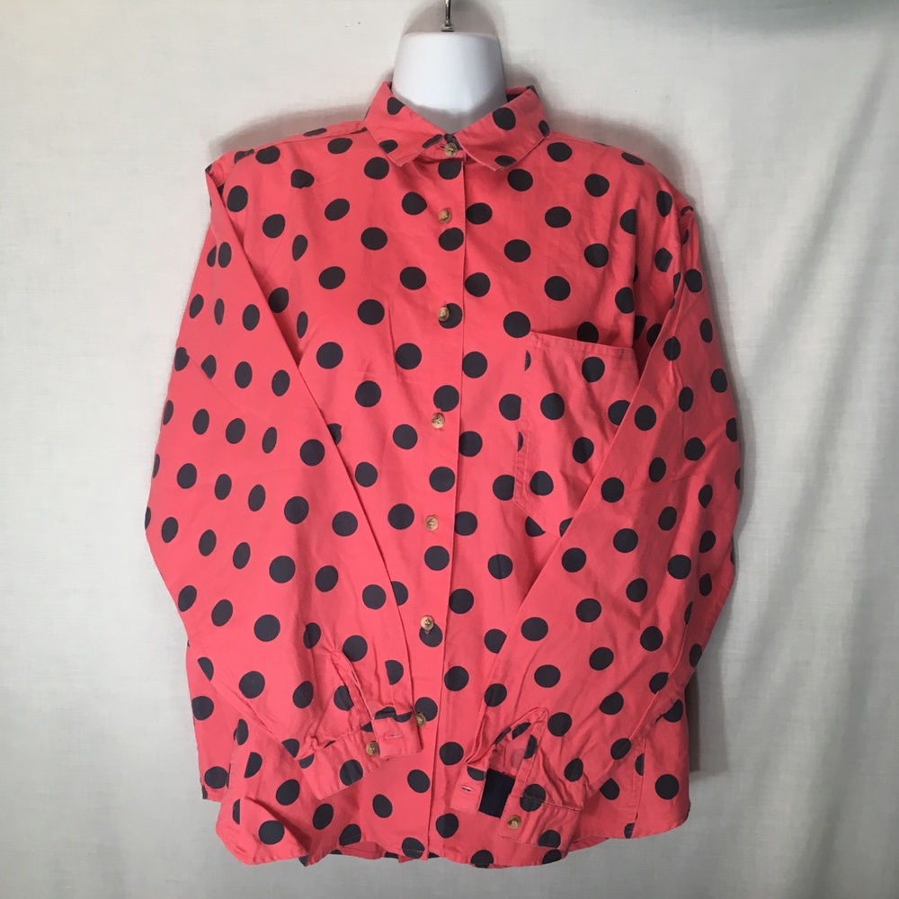 Vintage navy polka dot coral button down